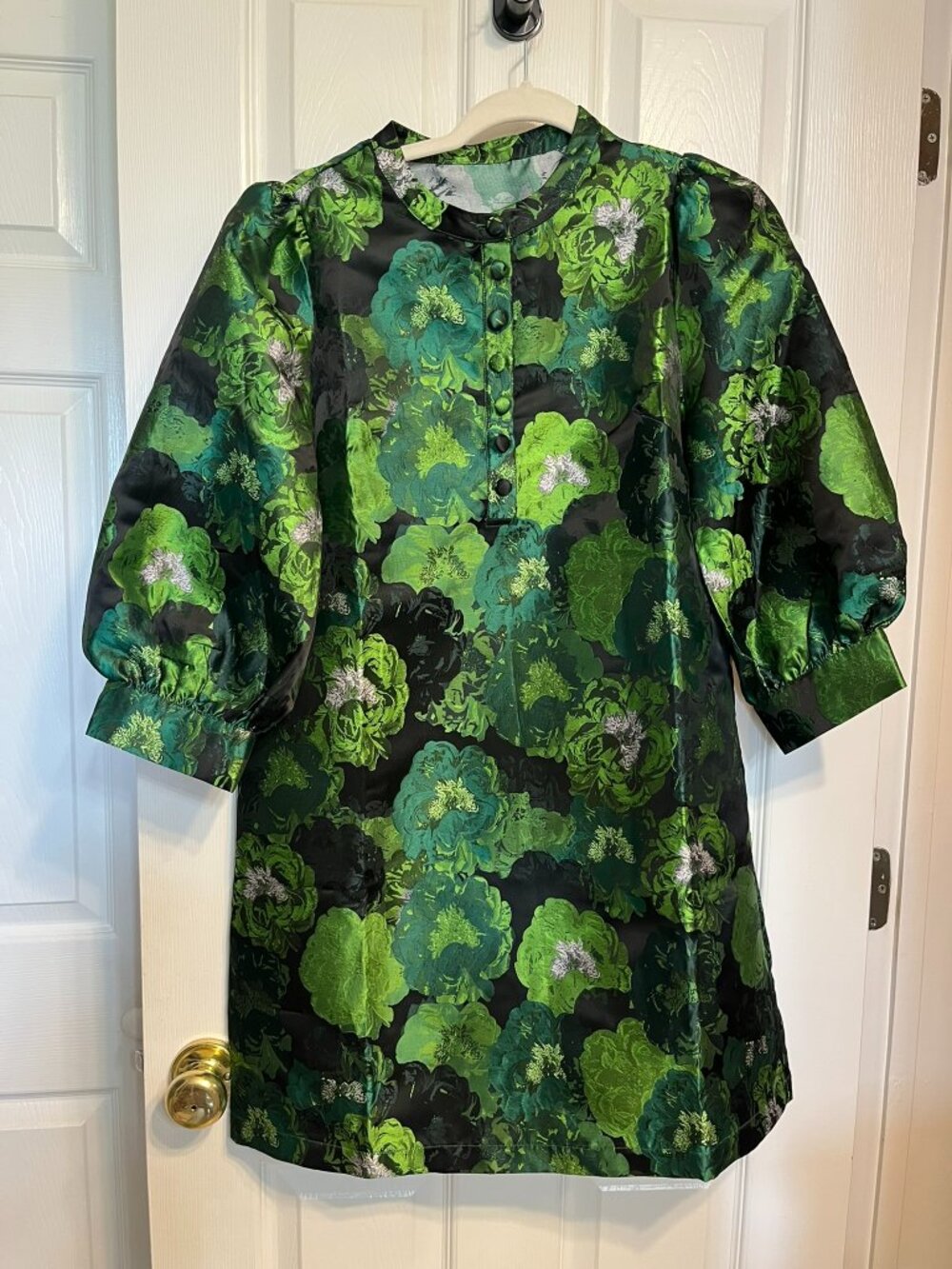 NWT Ladyful Green Floral Jacquard Puff Sleeve Shift Dress